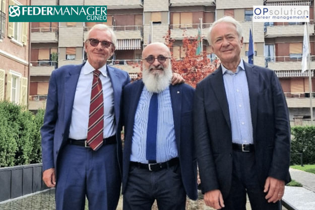 Da sinistra  Luca Barbaso, Partner OPsolution, Fulvio D’Alessandro, Presidente Federmanager Cuneo  e Domenico Piano, Amministratore OPsolution